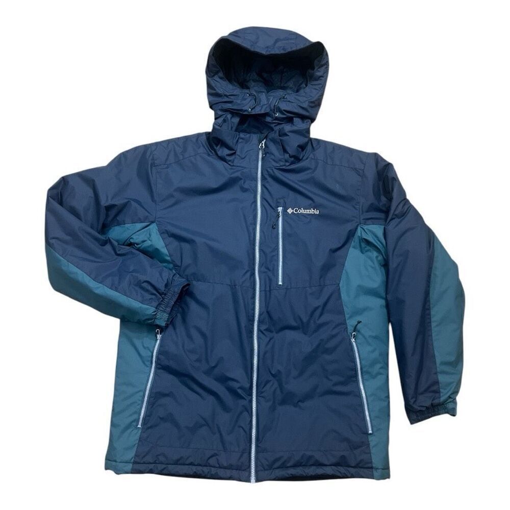 Columbia Men Removable Hood Puffer Jacket Size L  Highly Water-Resistant Blue